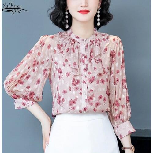 New Summer Korean Style Womens Blouse Lantern Half Sleeve Cardigan Floral Shirts Women Vintage O Neck Lady Tops Clothes 9027 50