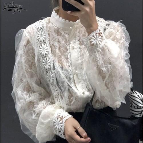 Retro Lace Stand Collar See-through Blouse Korean Lace Stitching Womens Shirts Pearl Buckle Loose Long Sleeve Tops Blusas 13339