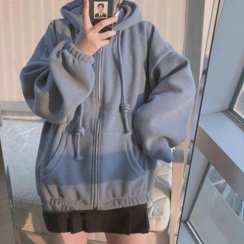 Winter Plus Velvet Thickening Lazy Wind Solid Color Zipper Harajuku Women Sweatshirt Korean Loose Pullover Hoodies Cardigan Coat