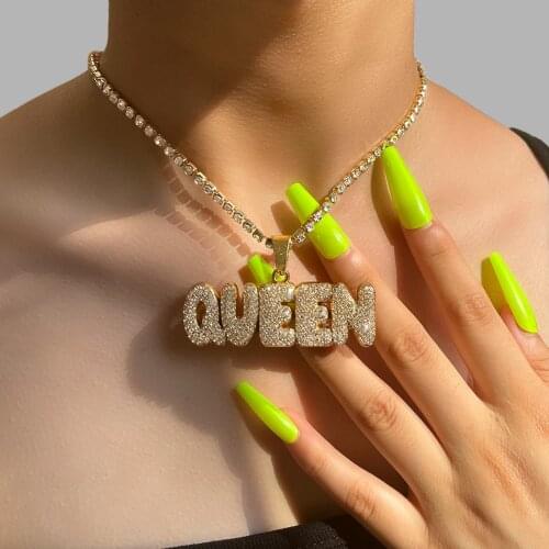 Flatfoosie Hip Hop KING QUEEN Letter Crystal Pendant Necklace for Women Men Luxury Rhinestone Tennis Chain Necklace New Jewelry