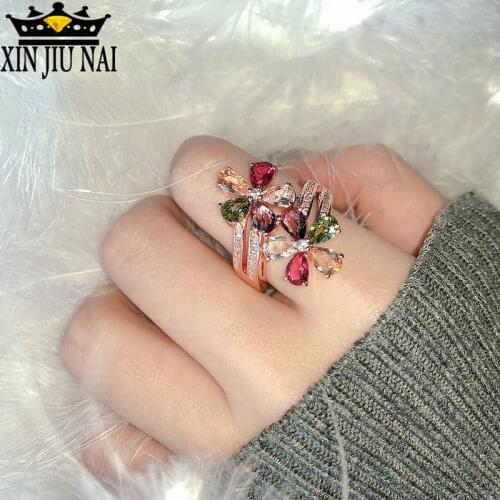 Natural colored gemstone tourmaline ring female candy color amethyst ring aquamarine Colorful party womens accessories