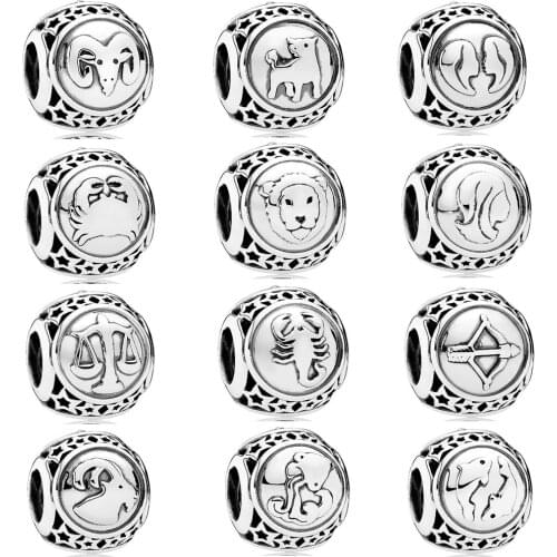 1Pcs Retro Silver Color 12 Constellation Pendant DIY Beads Fit Original Pandora Charms Bracelets Necklace Women Jewelry Gifts