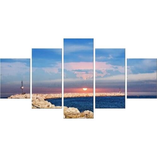 5 Pieces Free Shipping Wall Art Pictures For Living Room Canvas Art Sunset Coast Sea Landscape Painting Home Decor Framed