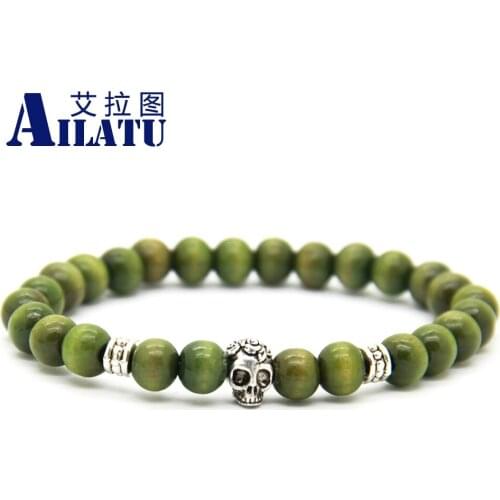 Ailatu 12 pieces/lot Wholesale Promotion Green Wood Beads Skull Bracelet Exquisite Gift for Friend
