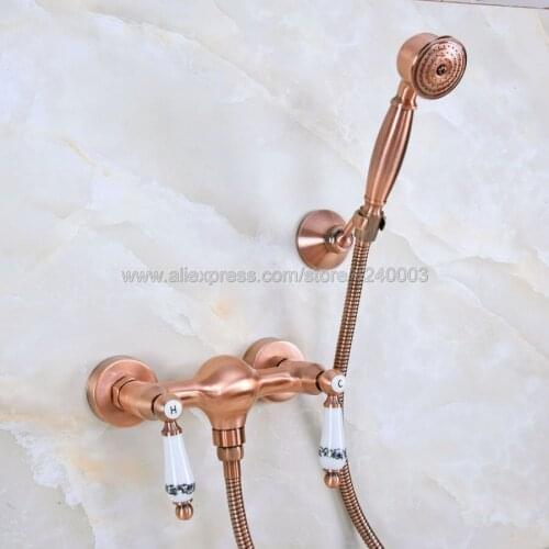Antique Red Copper Wall Mounted Bathroom Faucet Hot and Cold Mixer Tap With Hand Shower Head Shower Faucet Sets Kna300