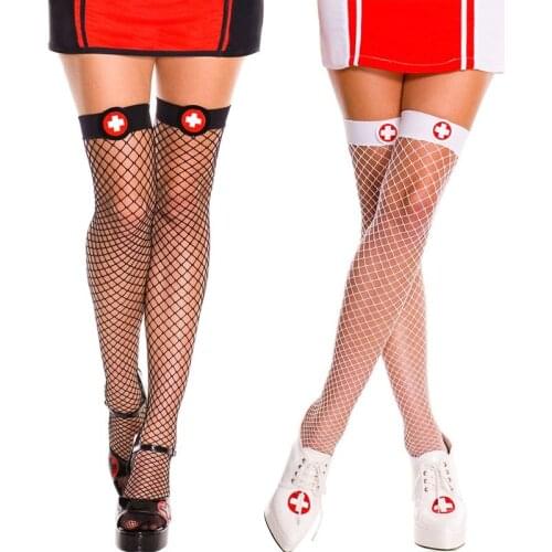 Sexy Lingerie Nurse Cross Toppers Top Fishnet Mini Diamond Net Stockings Fantasy Nylons Underwear
