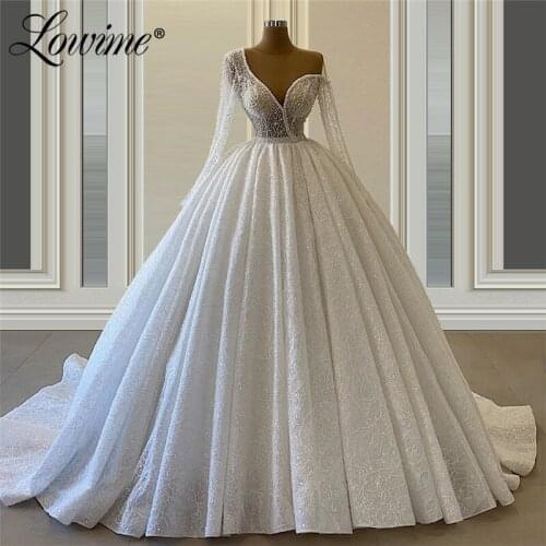 Customized White Wedding Dresses robes de mariée 2020 Puffy Dubai Beads A Line Bridal Gowns Vestidos De Novia Long Sleeves Bride