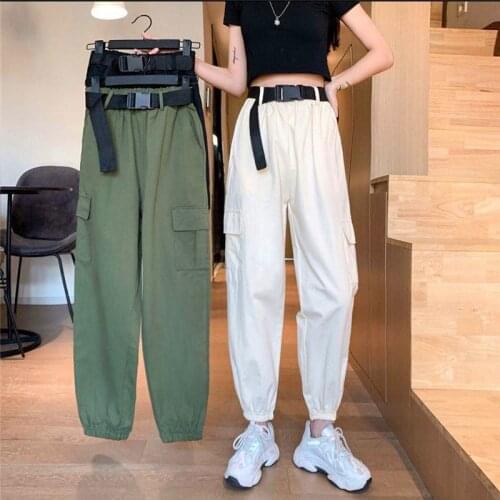 2020 New Summer Women Pants Harajuku Streetwear Cargo Pants Casual High Waist Elastic Overalls Female Trousers Pantalon Belt 900