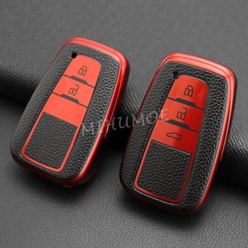 For New Toyota Camry RAV4 Avalon Corolla C-HR Prius Prime 86 GT86 Prado Car Smart Key Fob Cover Case Holder Leather Texture Red