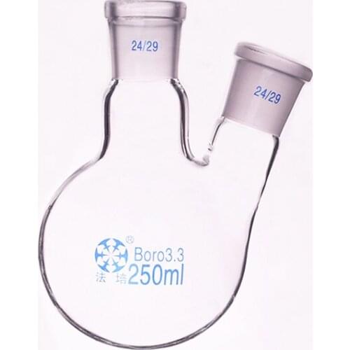 Two-necked flask oblique shape,with two necks standard grinding mouth,Capacity 250ml,Middle joint 24/29 and lateral joint 24/29