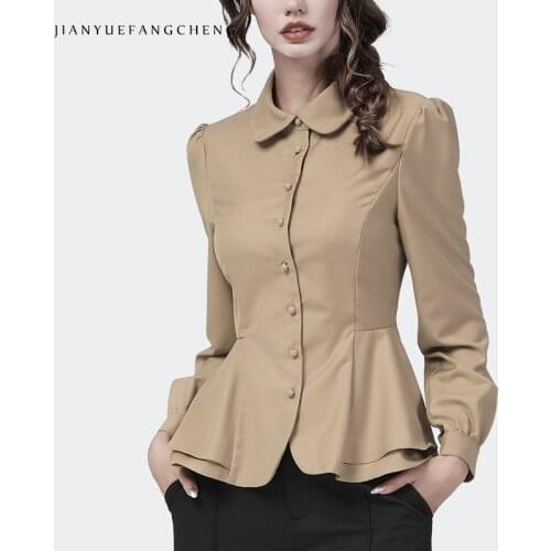 2021 Autumn New Womens Long Sleeve Tunic Shirt Turn-Down Collar Elegant Slim Female Blouses Khaki Vintage Button-Down Tops