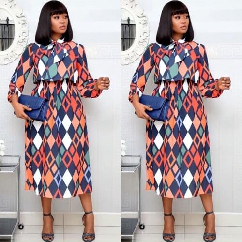Summer Fall Elegant African Traditional Dashiki Mid-Calf High Waist Dress Plus Size Printed Office Tunic Pleated Midi Dress Y2K