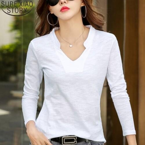 Cotton Long Sleeve T-shirt Women Tees Tops Fashion 2021 Plus Size Loose Tshirt V-Neck Solid White Office Ladies T-shirts 13172