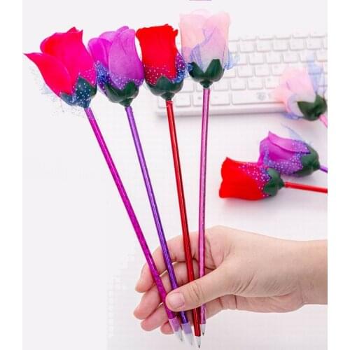 Artificial Rose Flowers Ballpoint Pen Kawaii Slim Roller Ball Pens For Writing Girls Gift Novelty Stationery School Supplies