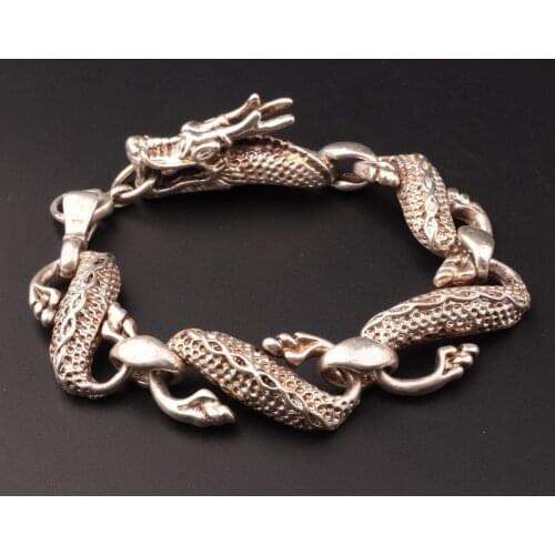 Chinese Collection Tibetan Silver Carving Animal Dragon Safe And Good Luck Statue Bracelets Jewelry