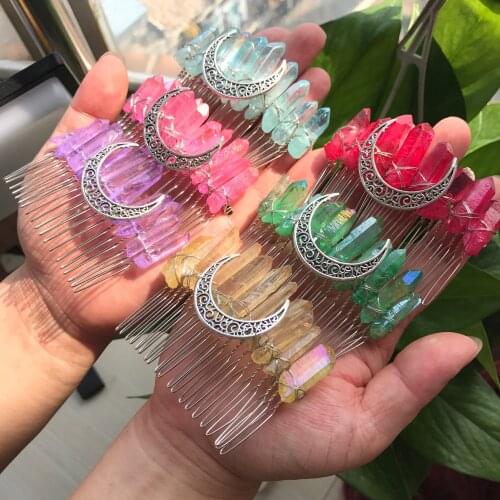 Colourful Quartz Point Brass Wire Wrap Hair Combs,Reiki Crystal Gems Party Bridal Witchcraft Women Tiara Hairband Jewelry QC5037