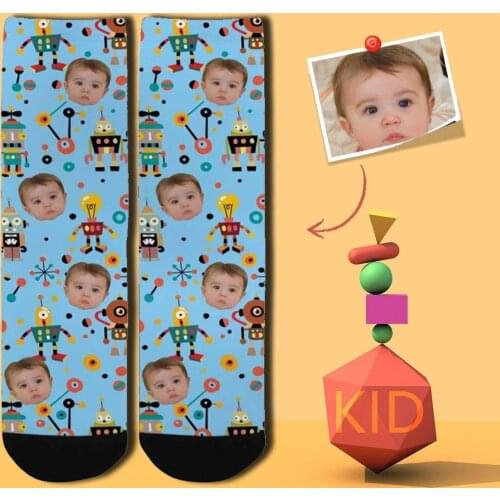 M Yescustom Custom Blue Robot Face Children Unisex Personalized Sublimated Novelty Socks with Design Photo Print For Pet Lovers