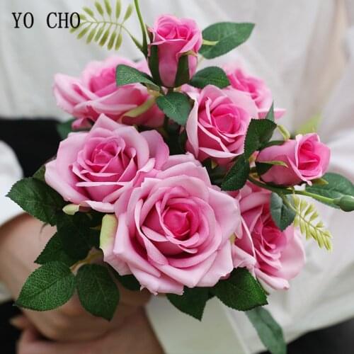 YO CHO Mini Bouquet Artificial Flower 10 Heads Silk Rose Wedding Bridesmaids Bouquet Flower Girl Home Party Wedding Table Decor
