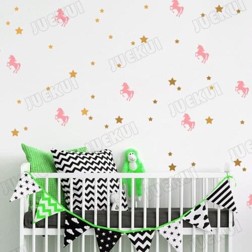 Unicorns and Stars Pattern Wall Stickers for Nursery Kids Room Removable Wallpaper Vinyl Art Decals Playroom Home Murals TA10