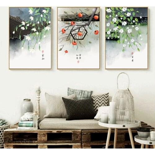 Ancient Chinese Courtyard Corner Scenery Posters And Prints White Flower Persimmon Canvas Painting Wall Art Printed Pictures