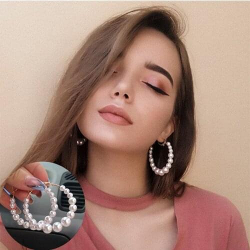 ALIUTOM Bohemian Large Pearl Hoop Earrings for Women Exaggerates Oversize Pearl Circle Round Drop Earrings Statement Brincos