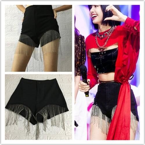 Kpop Korea Celebrity Summer Streetwear Fashion Black Hip Hop Tassel Shorts Women Nightclub Sexy Plus Size High Waist Slim Shorts