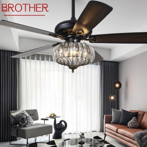 BROTHER Contemporary LED Fan Ceiling Lamp With Remote Control Black Crystal Lighting For Home Dining Room Bedroom Restaurant