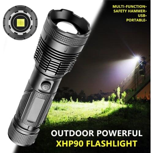 XHP90 LED Flashlight Strong Bright Waterproof Torch USB Charging Zoomable Flashlight Portable Lighting for Outdoor Camping