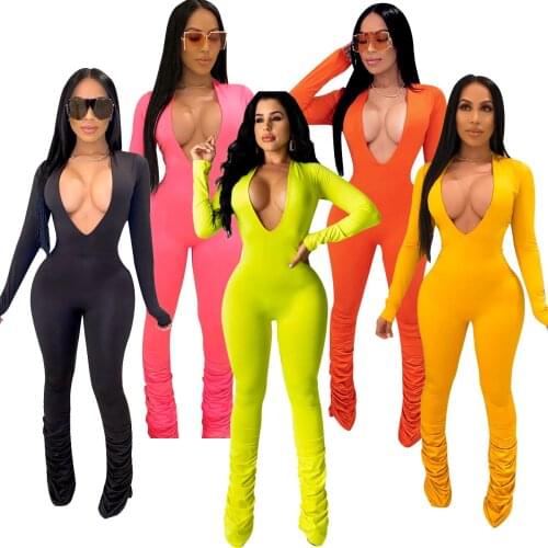 Women Stacked Leggings Jumpsuit Sexy Long Sleeve V Neck Bodycon Long Playsuit Casual Soild Elastic Rompers Plus Size Streetwear