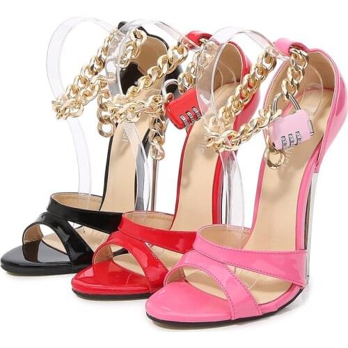 MAIERNISI New Women Pumps Sexy Lock Chain Design Thin High Heels Female 16CM Red Nightclub Fetish High-heeled Sandals C16-57