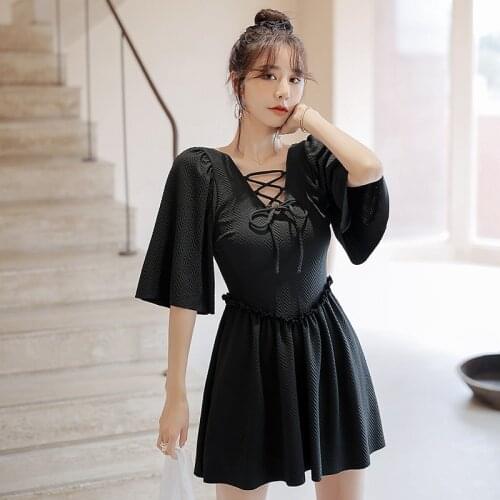 Plus Size Black Half Sleeve Swimsuit Women One Piece Solid Swimwear Ruffled Bathing Suit L-4XL Pleated Skirts Padded Wireless