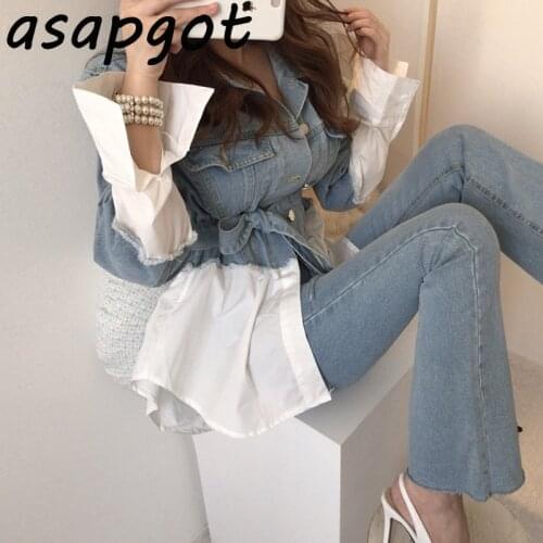 Korean Stitching Fake Two Piece Lapel Long Sleeve Single Breasted Slim Waist Lace Up Vintage Denim Coat Women Jacket Sashes