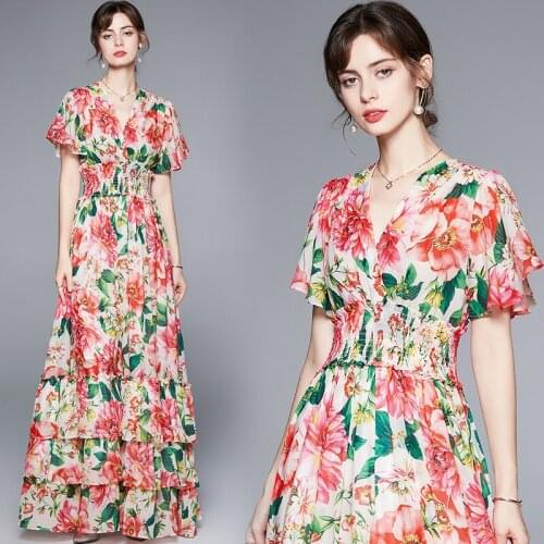 Dropshipping Summer Fall Floral Print V Neck Short Sleeve Empire Waist Women Ladies Party Casual Beach Maxi Bohemian Dress