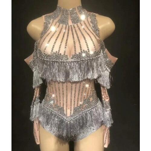 2020 High Quality Nude Beading Off The Shoulder Tassel High Elasticity Bodysuits Nightclub Party Bodysuits