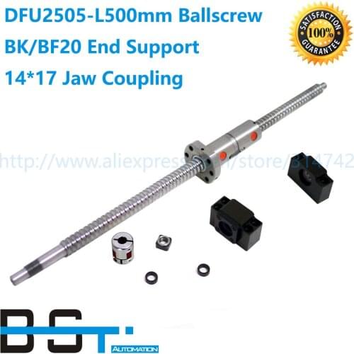 2505 Ballscrew L500mm with DFU2505 Double Ballnut + BK20 / BF20 End Support Block + 14x17mm Jaw coupling