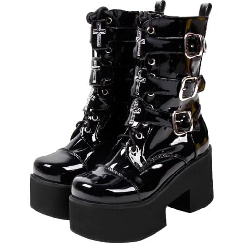 Angelic imprint Women Gothic motorcycle punk boots lady short Boots woman high trifle heels pumps shoes 33-47 10cm buckles 360