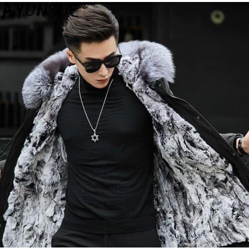 AYUNSUE Real Fur Coat Men Real Rabbir Fur Liner Winter Coat Men Fox Fur Collar Hooded Long Parkas Casaco RS5196A YY1364