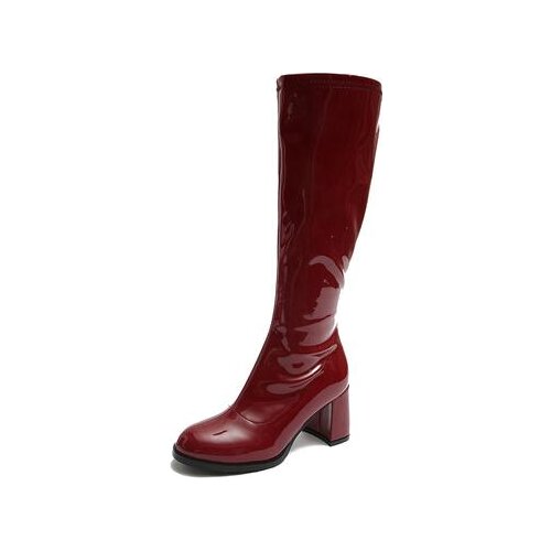 Carpaton Candy Color Knee High Boots Round Toe Patent Leather Thick Heels Women Shoes Vintage Low Heels Boots