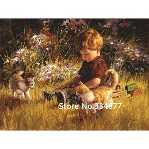 Childhood Cute boy and cat For Embroidery Needlework 14CT Counted Unprinted DIY Cross Stitch Kit Handmade Art Wall Decor