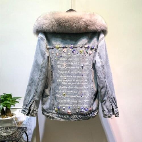 Winter Fashion Natural Fox Fur Collar coats + Real Rabbit Hair fur Liner Denim Jacket Female beading Thick Real Fur Outwear F865