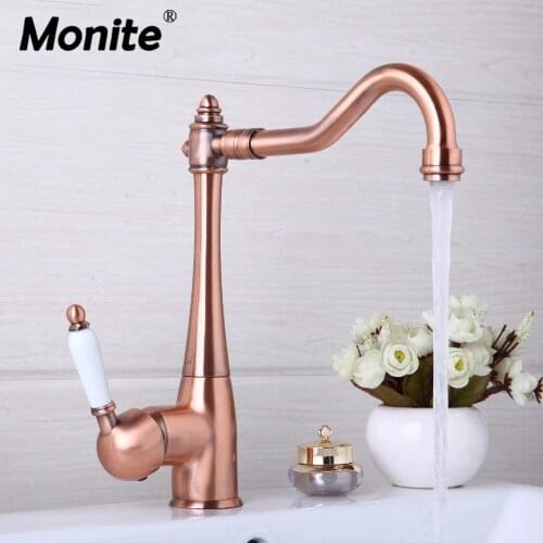 Monite Kitchen Faucets Swivel Antique Copper Deck Mounted Mixer Tap Bathroom Faucet Basin Mixer Hot Cold Tap Faucet