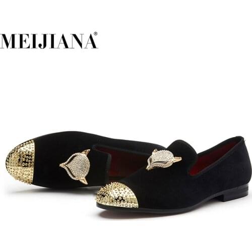 MEIJIANA Men Black Velvet Shoes With Skull Buckle And Gold Toe British Style Men Loafers Luxurious Men Dress Shoes Men Loafers