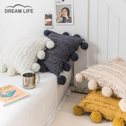 Solid Color Tassels Pillow Cover With Pompom Yellow Grey Cushion Cover 45x45cm Home Decor Throw Pillow Case For Livingroom Sofa