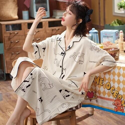Cute Cat Womens Nightgowns Fashion Night Wear Summer Nightdress Cartoon Femme Sleepwear Plus Size Pijamas Cotton Pyjama M-XXXXL