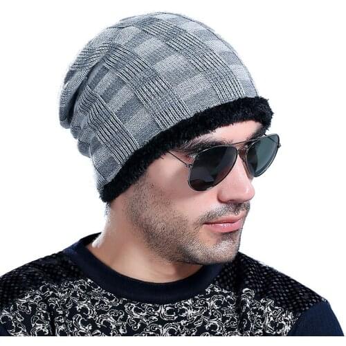 New autumn and winter plaid wool hat and cashmere warm knit cap men Skullies & Beanies