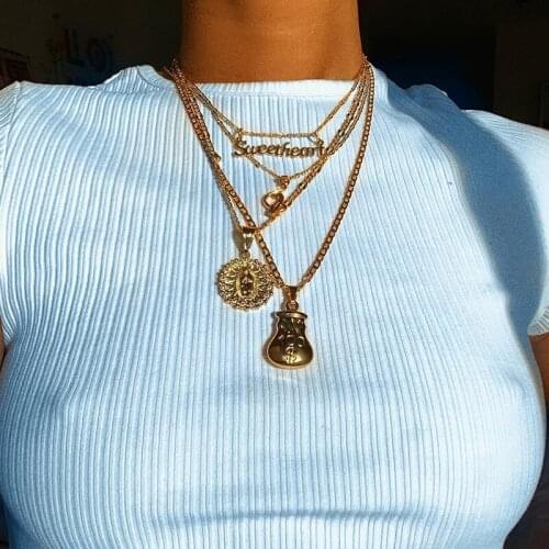 4 Pcs/Set Boho Virgin Mary Fox Letter Necklace Creative Round Pendant Chain Gold Long Necklaces Set Women Fashion Jewelry