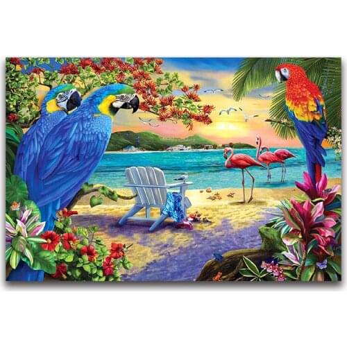Parrot 5D Diy Diamond embroidery Flamingo Full square Diamond mosaic Beach flower round Diamond painting Cross stitch seaZP-3355