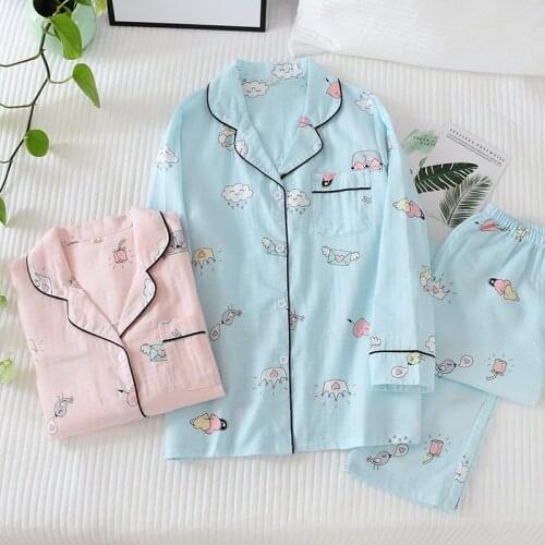 Spring/autumn New Pajamas Set Women Pure Cotton Gauze Thin Summer Cartoon Ladies Long Sleeves Sleepwear Loose Comfy Home Clothes
