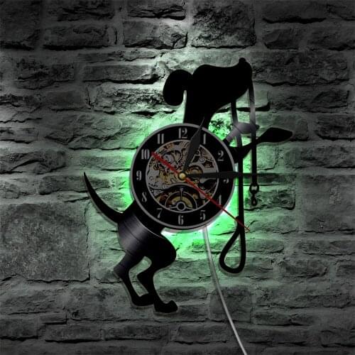 Cute Dog Animals Vinyl Clock Wall Atmosphere Light Led Vintage Silhouette Record Handmade Gift Living Room Decorative