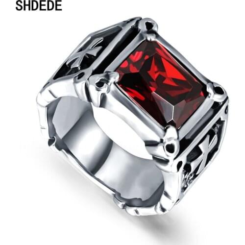 SHDEDE Stainless Steel Fashion Rings For Men Male Vintage Punk Cross Ring Jewelry Red Black Crystal Accessories Gifts -O470